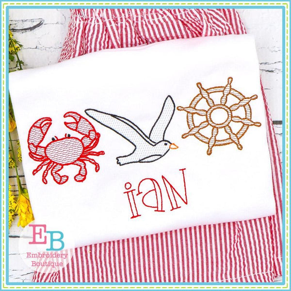 Crab Seagull Wheel Sketch Design, Embroidery