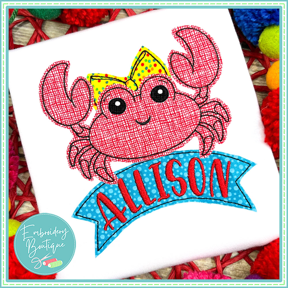 Crab Banner Bow Bean Stitch Applique, Applique, Embroidery Boutique