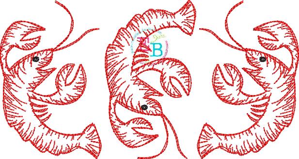 Crawfish Trio Sketch Embroidery Design, Embroidery