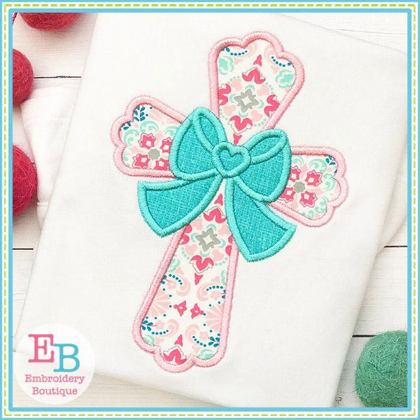 Cross with Big Bow Satin Applique, Applique