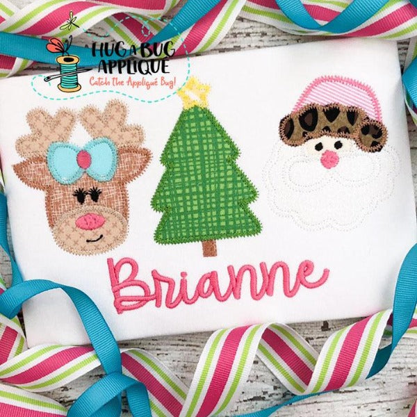 Deer Bow Tree Santa Trio Zig Zag Stitch Applique Design, Applique