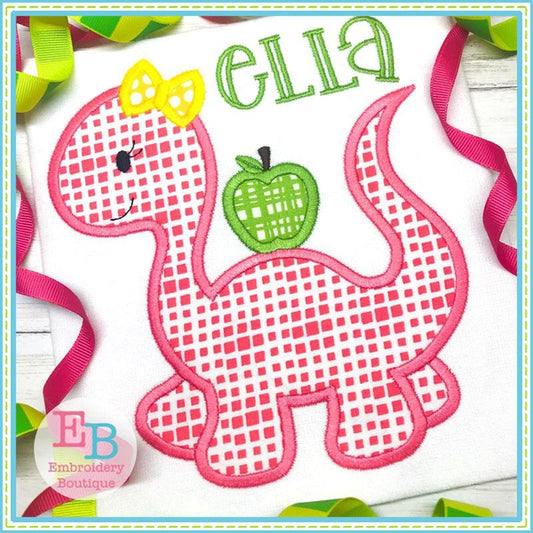 Dinosaur Girl With Apple Satin Applique, Applique