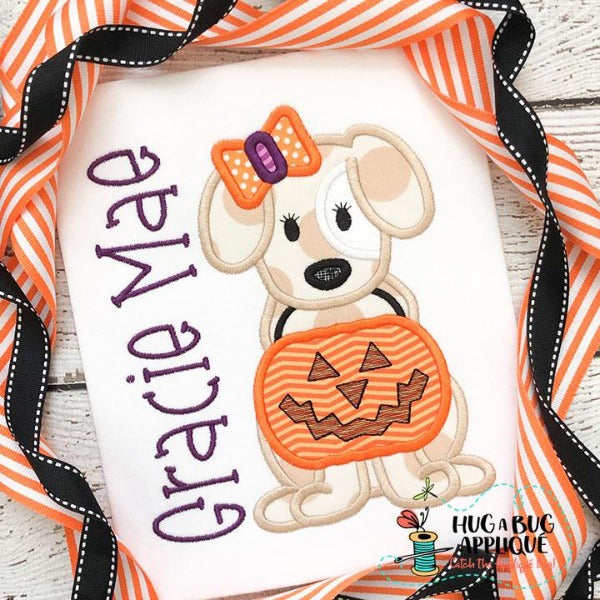 Dog Bow Pumpkin Satin Stitch Applique Design, Applique