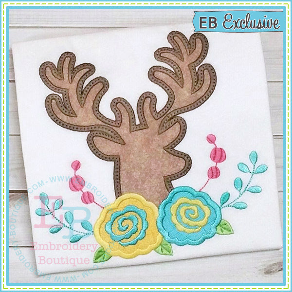 Deer Head Roses Applique, Applique