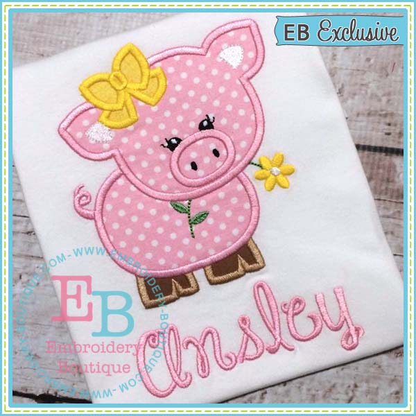 Girl Pig with Bow Applique, Applique