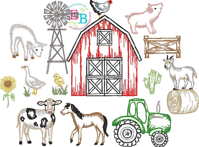 Farm Sketches Embroidery Design Set, Embroidery