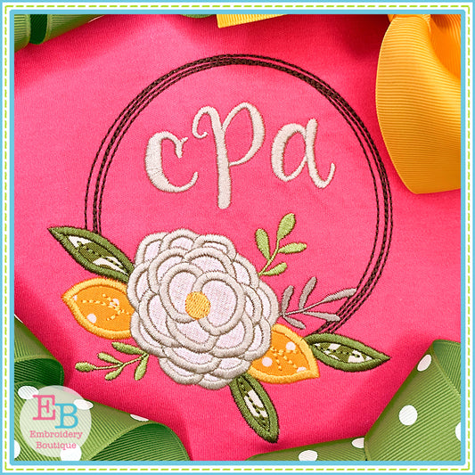 Flower Circle Frame Satin Stitch Applique, Applique