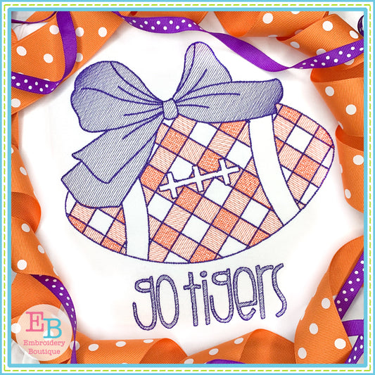Football Big Bow Plaid Sketch Embroidery Design, Embroidery