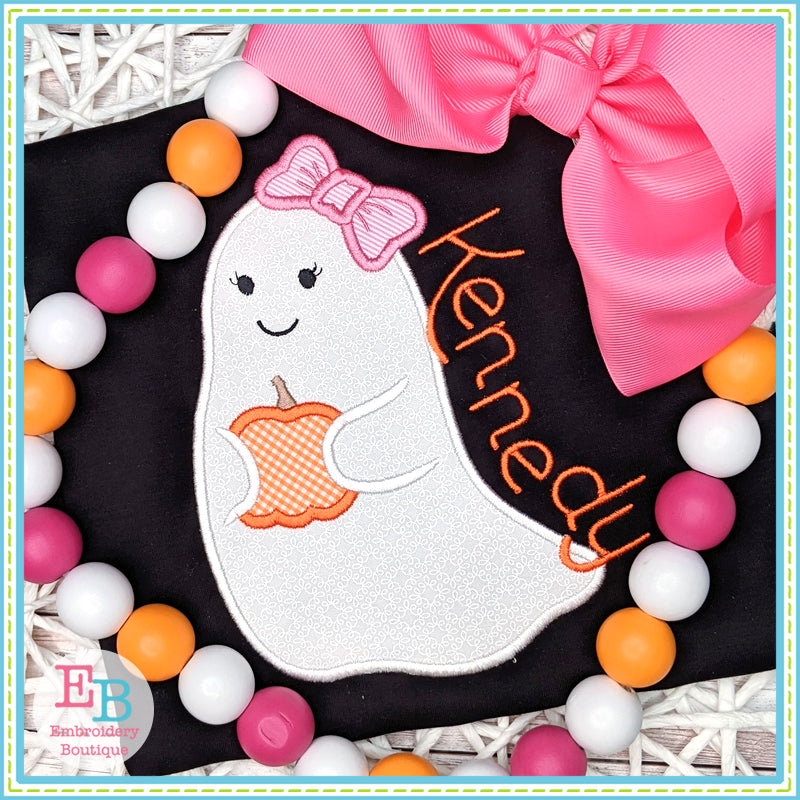 Ghost Bow With Pumpkin Satin Stitch Applique, Applique