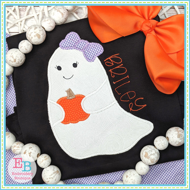 Ghost Bow With Pumpkin Zigzag Stitch Applique, Applique
