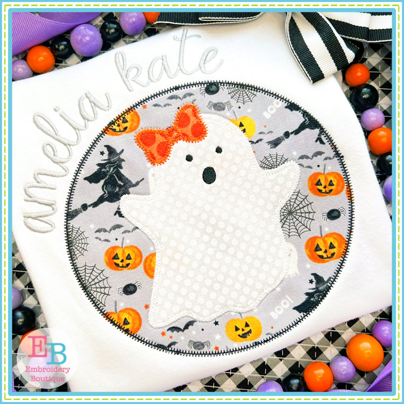 Ghost Bow Circle Zigzag Stitch Applique, Applique