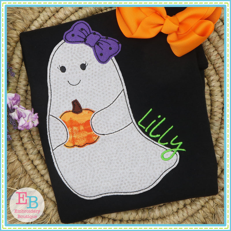 Ghost Bow With Pumpkin Bean Stitch Applique, Applique