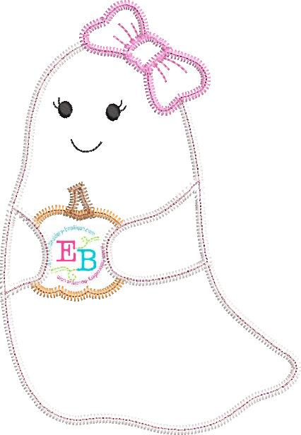 Ghost Bow With Pumpkin Zigzag Stitch Applique, Applique