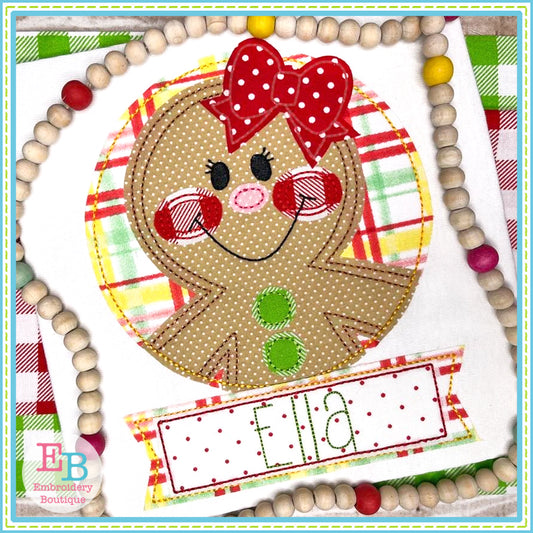 Gingerbread Girl Circle Banner Applique, Applique