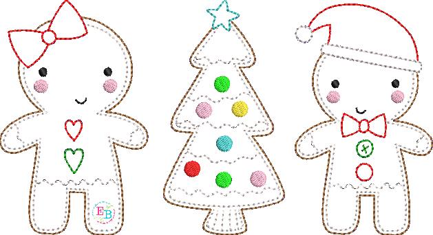 Gingerbread Trio Bean Stitch Applique, Applique