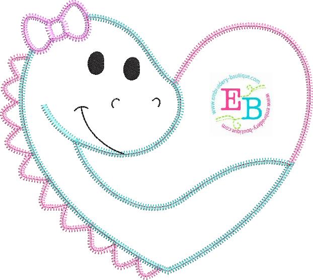 Girl Dino Heart Zigzag Stitch Applique, Applique