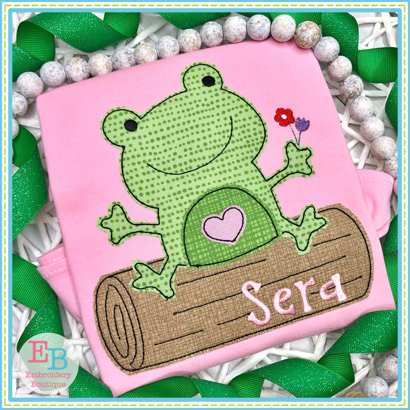 Girl Frog on Log Bean Stitch Applique, Applique