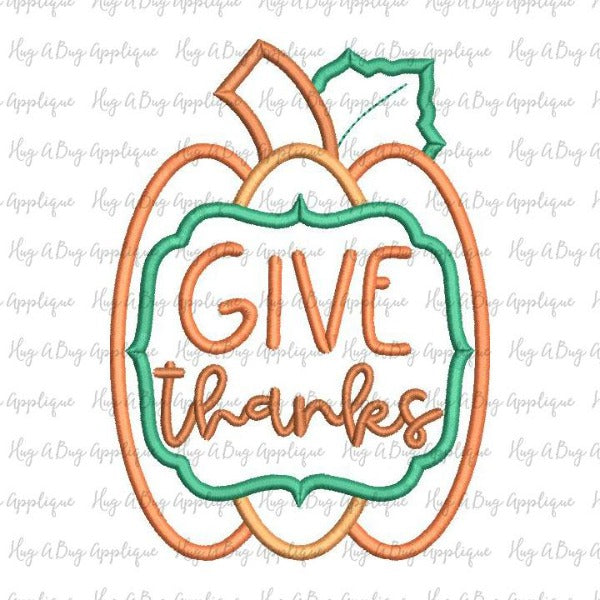 Give Thanks Pumpkin Satin Stitch Applique Design, Applique