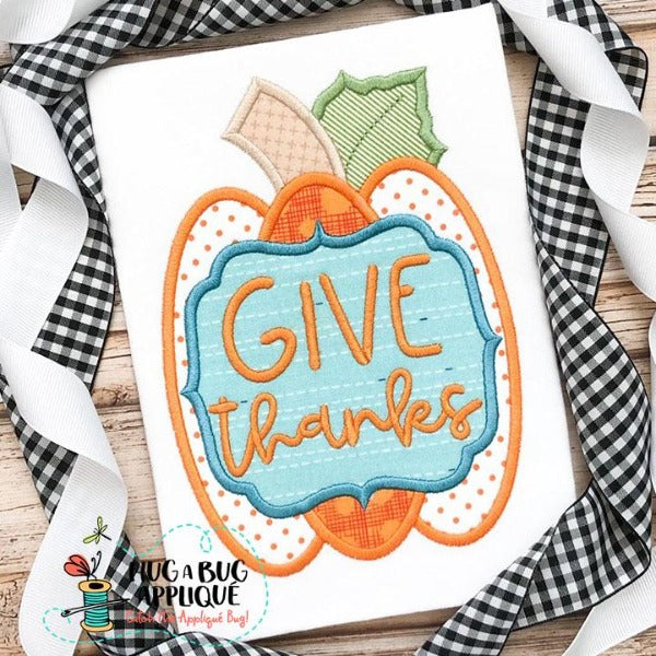 Give Thanks Pumpkin Satin Stitch Applique Design, Applique