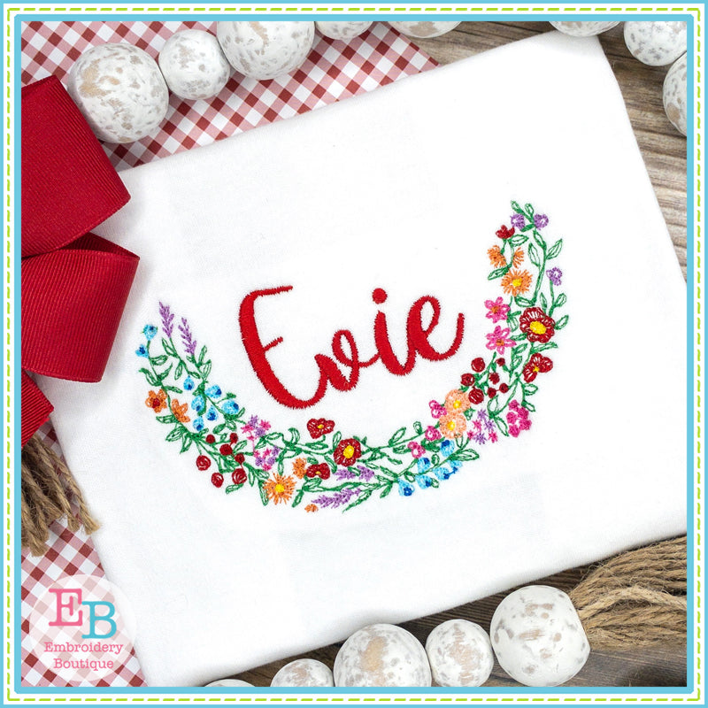 Half Wildflower Wreath Embroidery Design, Embroidery