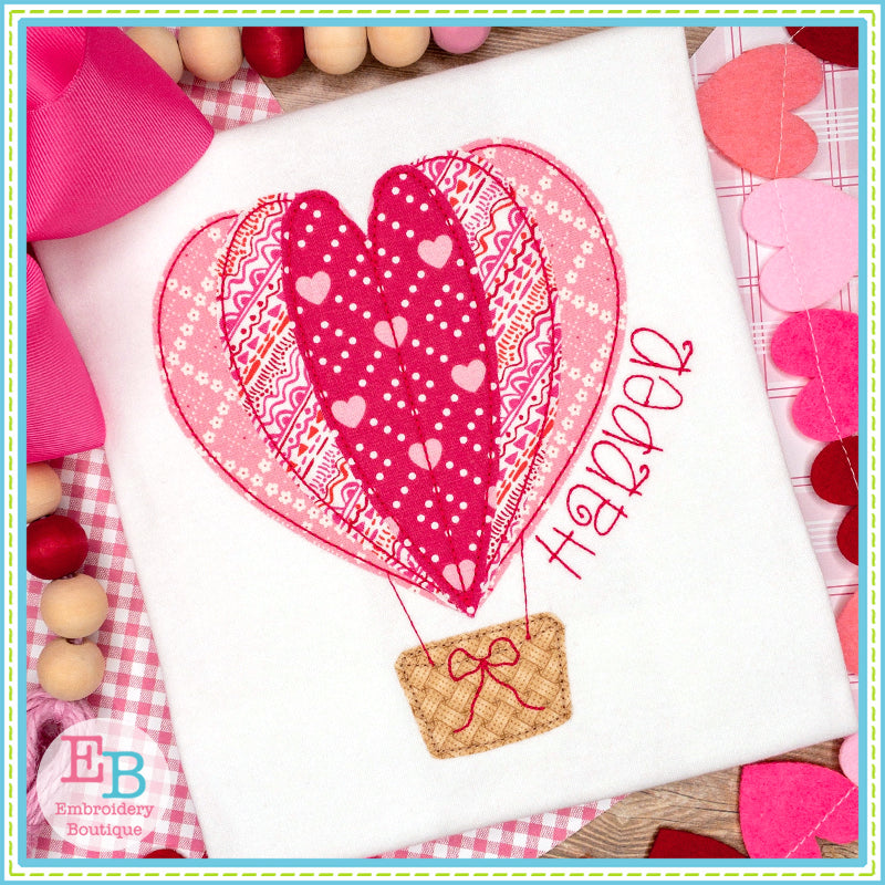 Heart Hot Air Balloon Bean Stitch Applique, Applique