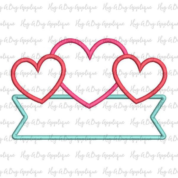 Heart Trio Banner Satin Stitch Applique Design, Applique