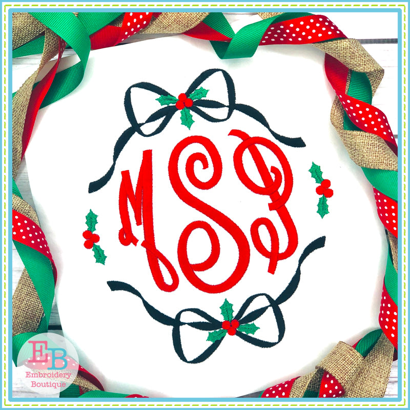 Holly Double Bow Monogram Frame Embroidery Design, Embroidery