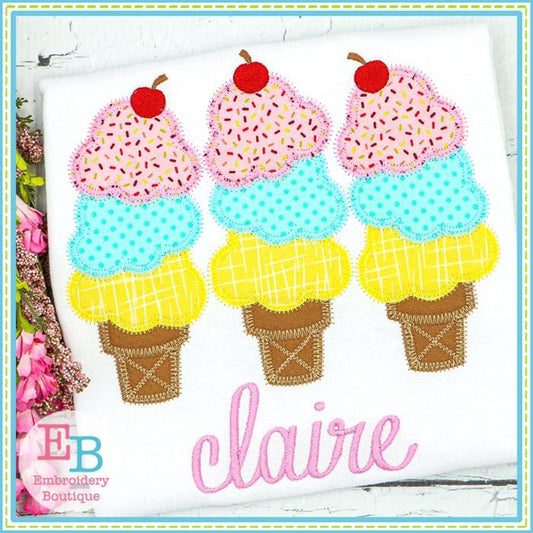 3 Ice Cream Cones Applique, Applique