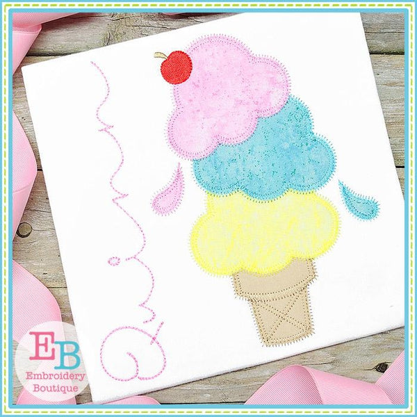 Triple Scoop Ice Cream Cone Applique, Applique