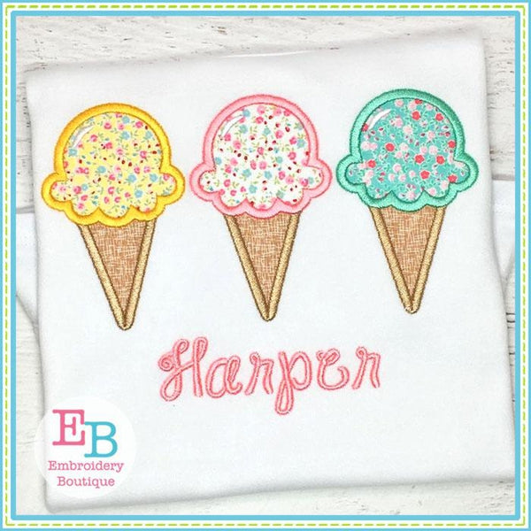 Ice Cream Cone Trio Applique, Applique