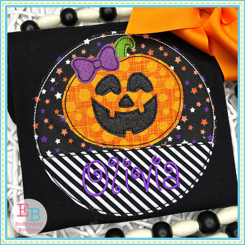 Jack-o-lantern Bow Circle Split Bean Stitch Applique, Applique