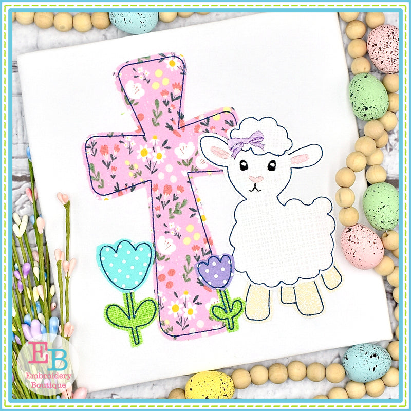 Lamb Cross Tulips Bow Bean Stitch Applique, Applique