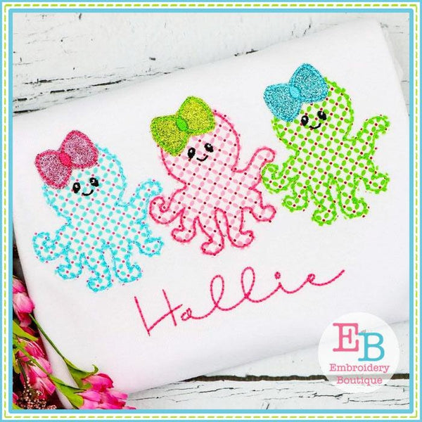 Octopus Girl Trio Bean Stitch Applique, Applique