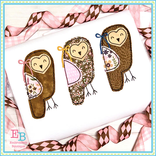 Owl Bow Trio Bean Stitch Applique, Applique