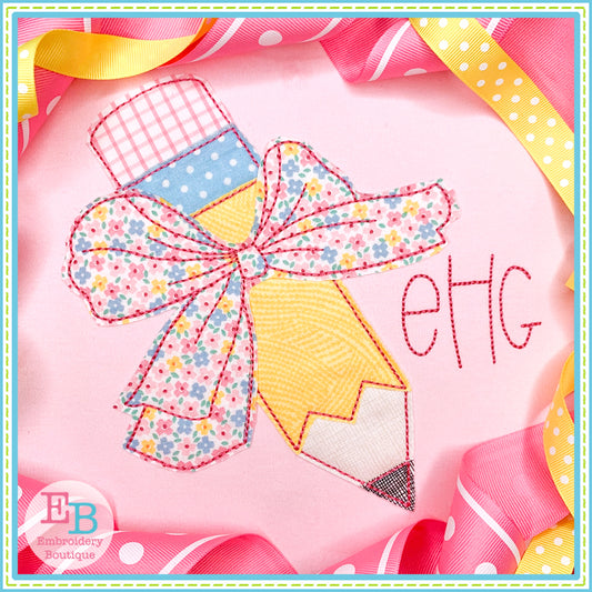Pencil Big Bow No Tag Bean Applique, Applique