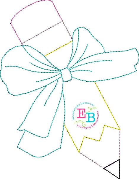 Pencil Big Bow No Tag Bean Applique, Applique