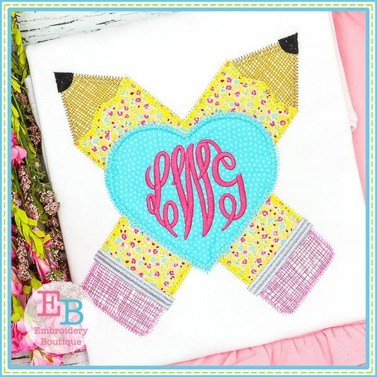 Crossed Pencils with Heart Zigzag Applique, Applique