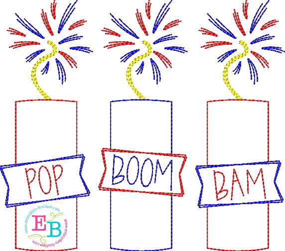 Pop Boom Bam Firework Trio Bean Applique, Applique