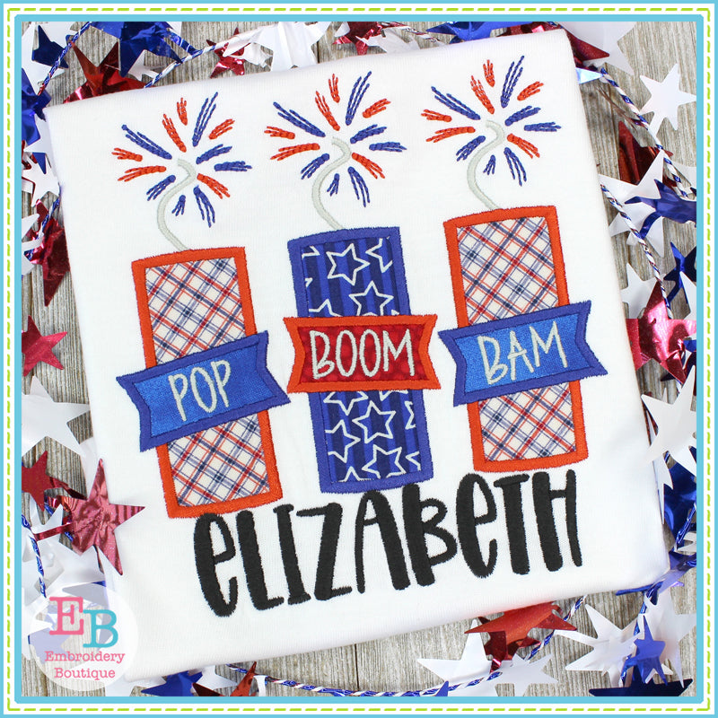 Pop Boom Bam Firework Trio Satin Applique, Applique