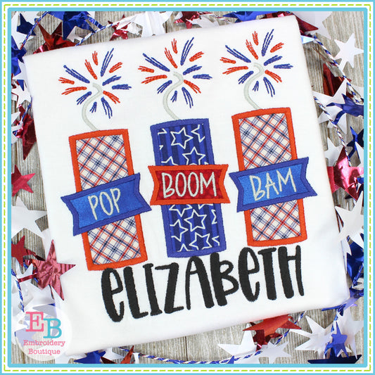 Pop Boom Bam Firework Trio Satin Applique, Applique