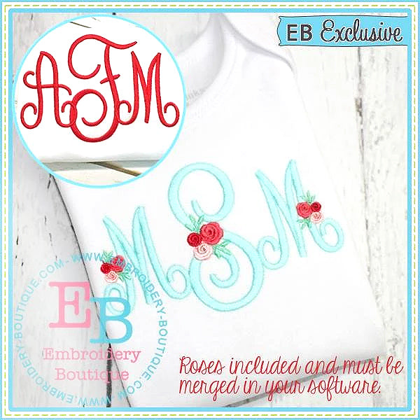 Perfectly Posh Monogram Embroidery Font with Rose Add Ons, Embroidery Font