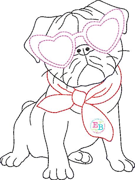 Pug Heart Glasses Bean Stitch Applique, Applique