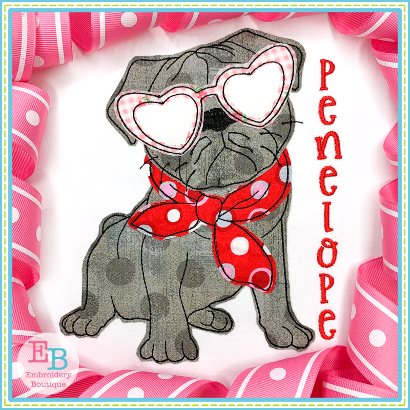 Pug Heart Glasses Bean Stitch Applique, Applique