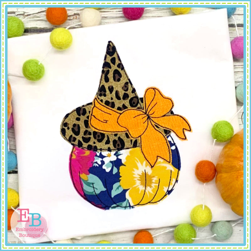 Pumpkin Witch Hat Bow Bean Stitch Applique, Applique