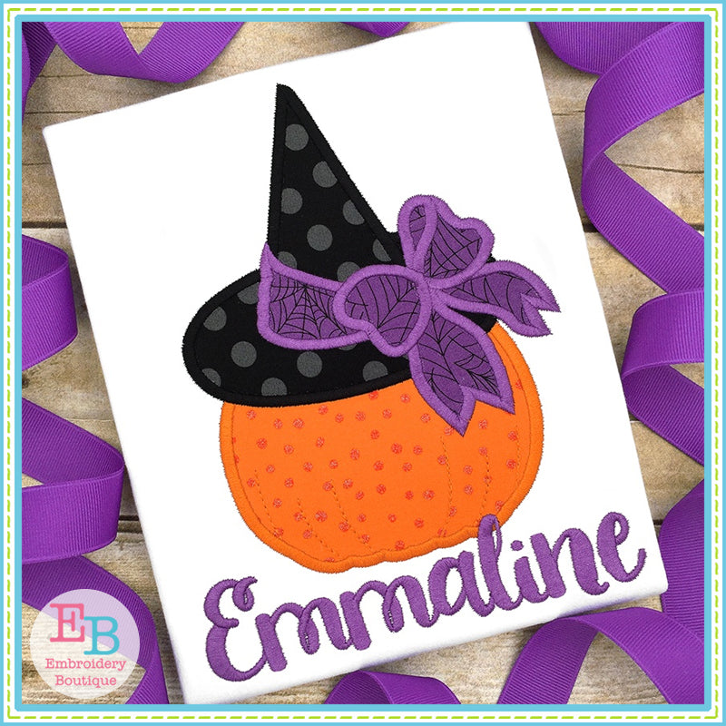 Pumpkin Witch Hat Bow Satin Stitch Applique, Applique