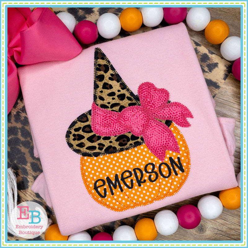 Pumpkin Witch Hat Bow Zigzag Stitch Applique, Applique