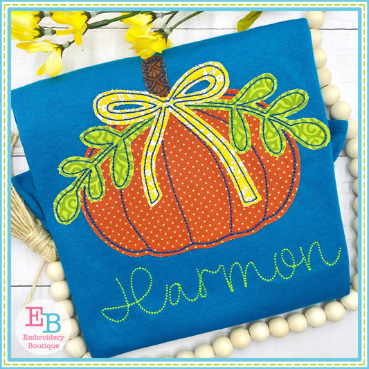 Pumpkin Bow Leaves Bean Stitch Applique, Applique