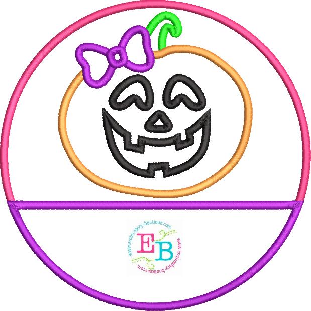 Jack-o-lantern Bow Circle Split Satin Stitch Applique, Applique