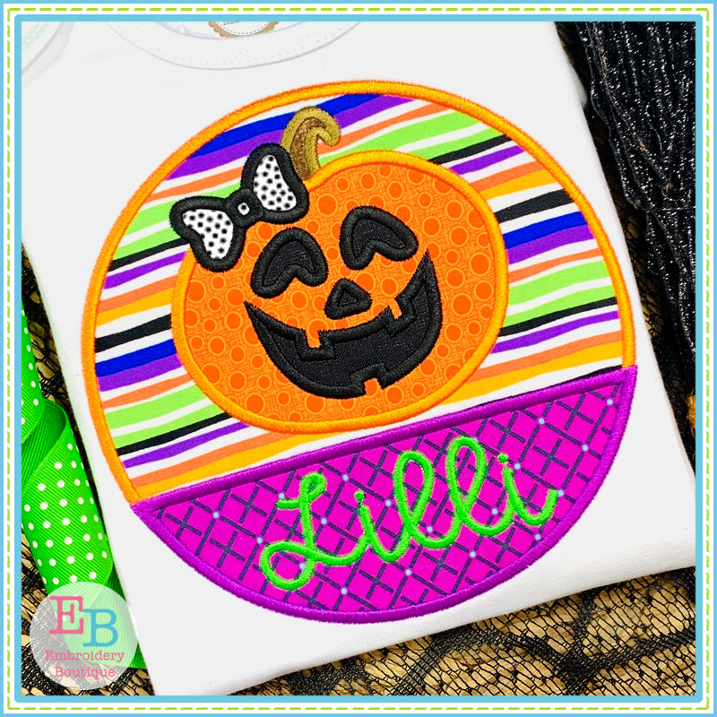 Jack-o-lantern Bow Circle Split Satin Stitch Applique, Applique