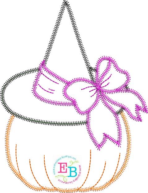 Pumpkin Witch Hat Bow Zigzag Stitch Applique, Applique